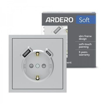 Розетка з додатковими виходами USB/Type-C Ardero ER123USB-S Soft 18W/20W із заземленням срібна, срібний 80802 - фото товару LUMEN