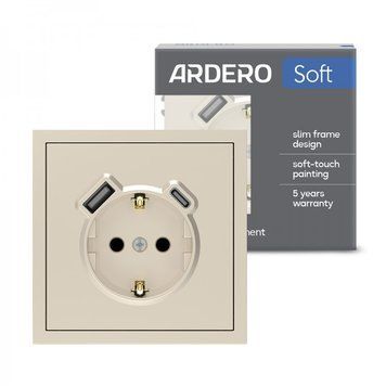 Розетка з додатковими виходами USB/Type-C Ardero ER123USB-C Soft 18W/20W із заземленням шампань 80828 - фото товару LUMEN